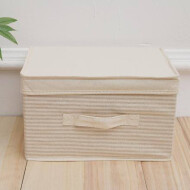 XimiVogue Khaki Small-Sized Ramie Cotton Striped Storage Box