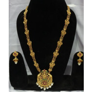 Ruby green stone God Laxmi design gold polish long necklace set