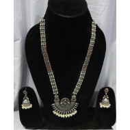 Temple Jewelry Design Long Oxidised Silver Necklace Set