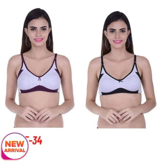 Set of 2 Women's Cotton Non Padded Daily Workout Sports Gym Bra Size 34 Black and Purple Color