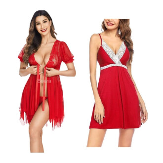 Combo Set of Sleepwear Womens Chemise Nightgown Full Lace Sling Dress Sexy Babydoll Lingerie With G-String Panty For Honeymoon/First Night/Anniversary Free Size Red Color