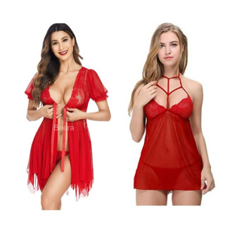 Sleepwear Womens Chemise Nightgown Full Lace Sling Dress Sexy Babydoll Lingerie With G-String Panty For Honeymoon/First Night/Anniversary Free Size Red Color