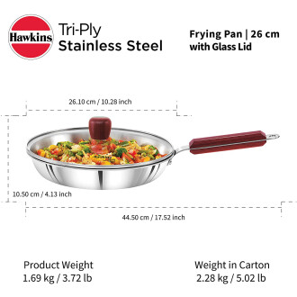 Hawkins SSF26G Stainless Steel Frying Pan With Glass Lid Induction Compatible