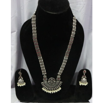 Temple Jewelry Design Long Oxidised Silver Necklace Set