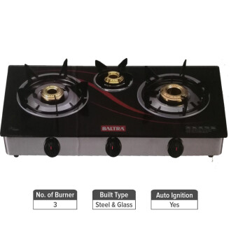 Baltra Grand 3 Burner Automatic Glass Top Gas Stove.