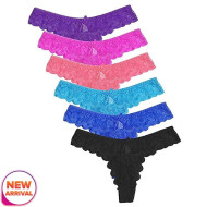 Combo Set Of 6 Women's Thinnest Fabric Bow Lace Cheeky Thongs Panty Underwear Set Free Size Multicolor