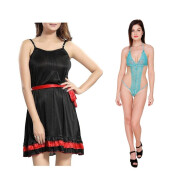 Set of 2 Women's Lingerie Net Solid Above knee Baby Doll With Robe Free Size Black and Aqua Color