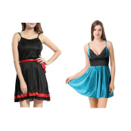 Set of 2 Women's Lingerie Net Solid Above knee Baby Doll With Robe Free Size Black and Green Color