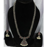 Temple Jewelry Design Long Oxidised Silver Necklace Set