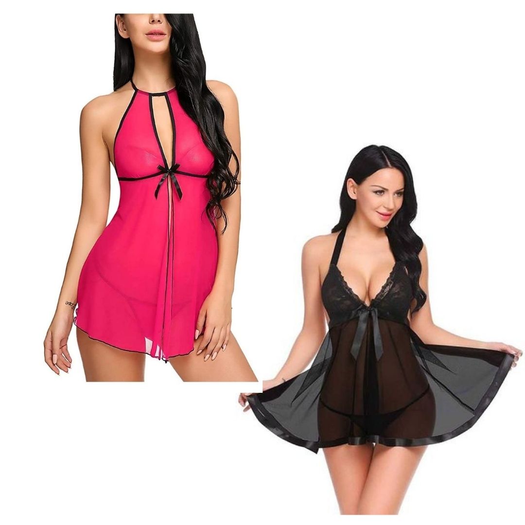 Combo set of Babydoll Lingerie with G String panty Free size Pink and Black color