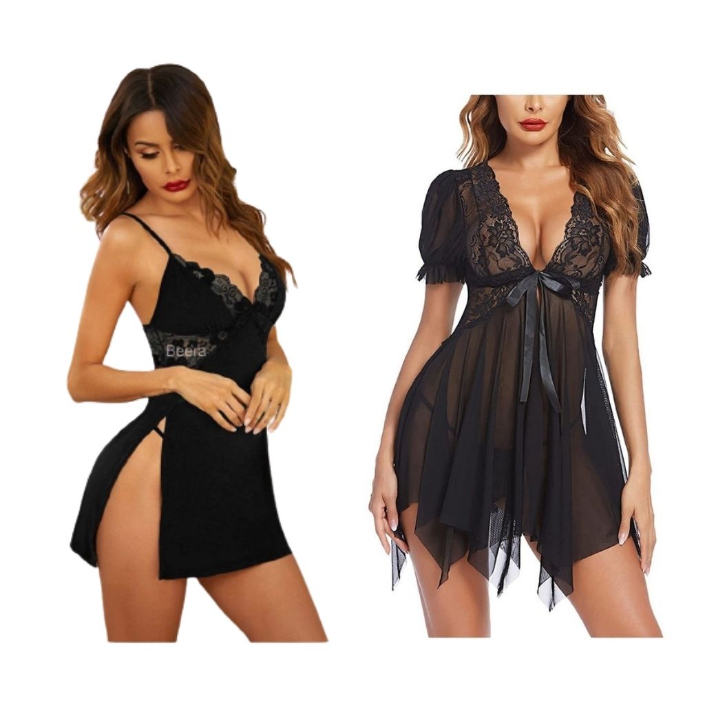 Combo Set of Cotton Women Lingerie Lace Chemise Sexy Nightgown Lace Sling Dress Sexy Babydoll Lingerie Honeymoon/First Night/Anniversary Free Size Navy Black Color