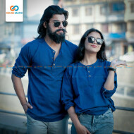 Cotton shirts Front Button Kurta Shirt For Couples (Couple Kurta) Blue