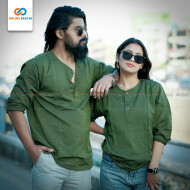 Cotton shirts Front Button Kurta Shirt For Couples (Couple Kurta) Green
